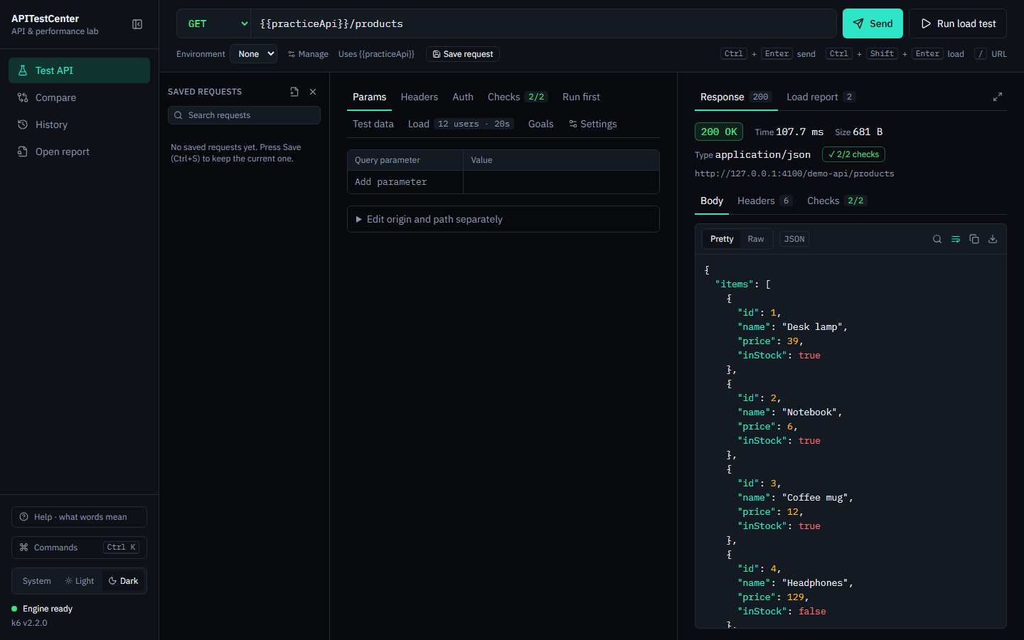 Sending a request to the practice API: 200 OK, both checks passed, and the JSON product list shown.